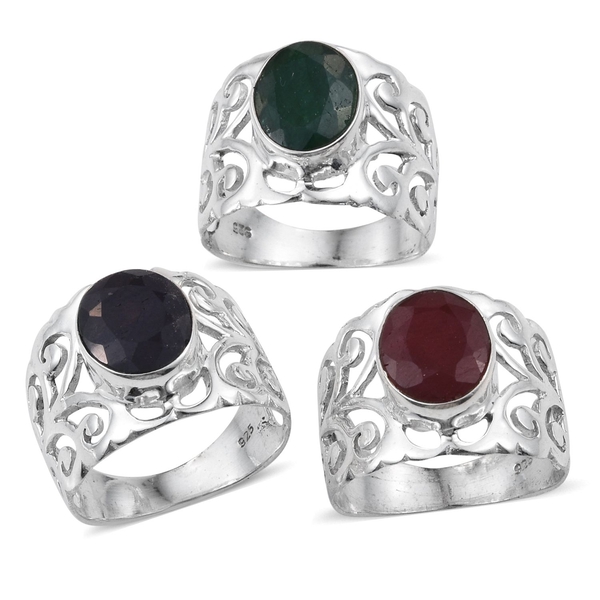 Set of 3 - Ruby (Ovl), Blue Sapphire and Emerald Filigree Ring in Sterling Silver 10.020 Ct.