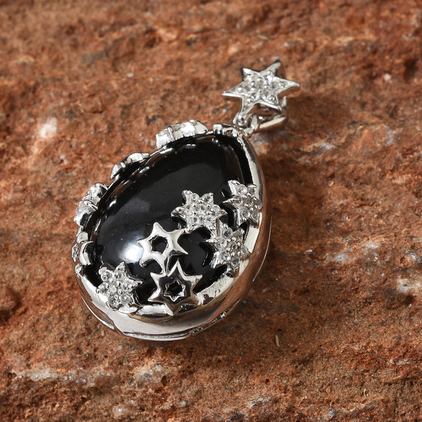 GP Boi Ploi Black Spinel (Pear 24.00 Ct), Natural Cambodian Zircon and Kanchanaburi Blue Sapphire Pendant in Platinum Overlay Sterling Silver 24.500 Ct.