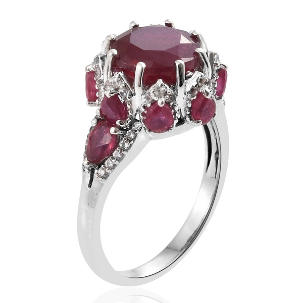Limited Edition - African Ruby (Rnd 7.00 Ct), Natural Cambodian Zircon Ring in Platinum Overlay Sterling Silver 10.000 Ct, Silver wt 5.20 Gms.