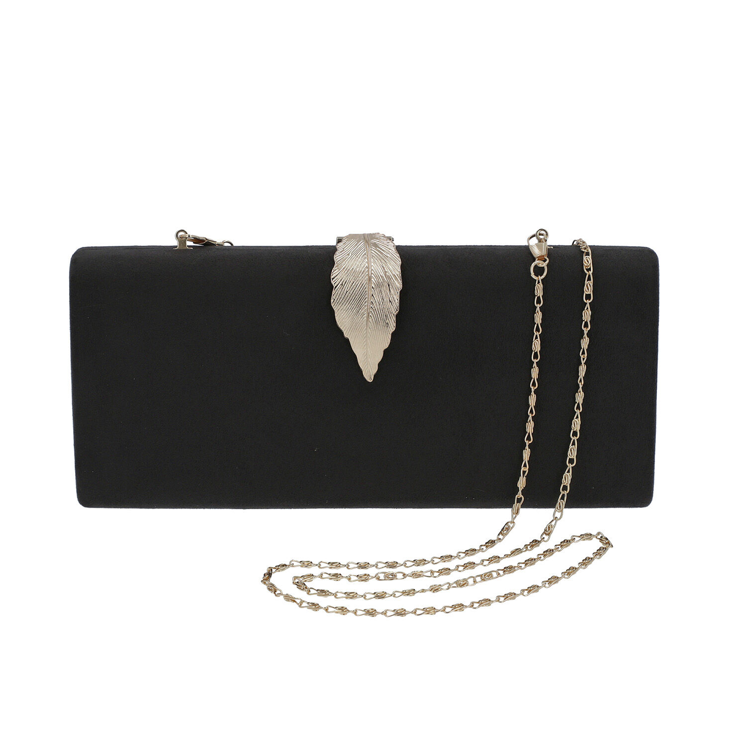 Velvet Clutch Bag with Detachable Shoulder Chain and Metal Leaf Closure (Size 28x4x12 Cm) - Black