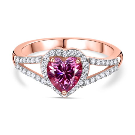 Pink & White Moissanite Heart Ring in 18K Rose Gold Vermeil Plated Sterling Silver 1.30 Ct.