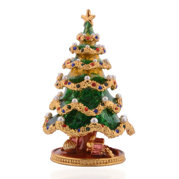Multi Colour Austrian Crystal Studded Green and Red Enameled Christmas Tree Jewellery Box in Gold Tone