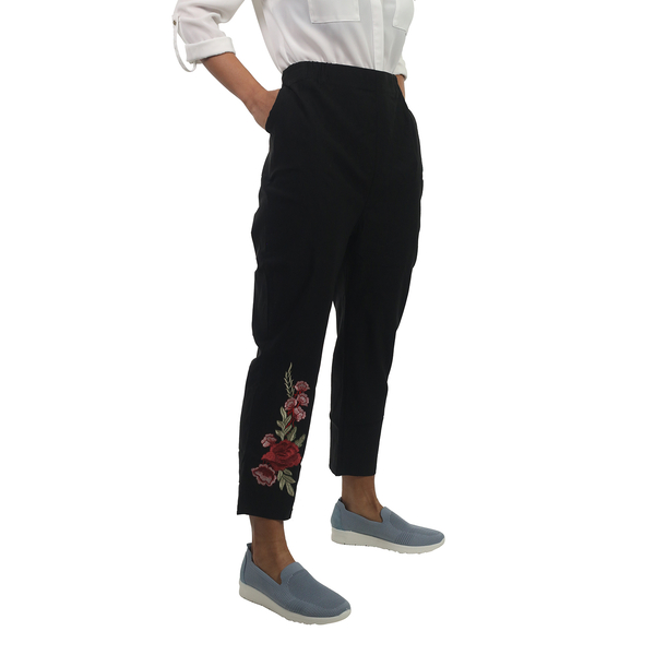 Pure and Natural Fully Elasticated Waist Trousers with Flower in Black (Size 12)