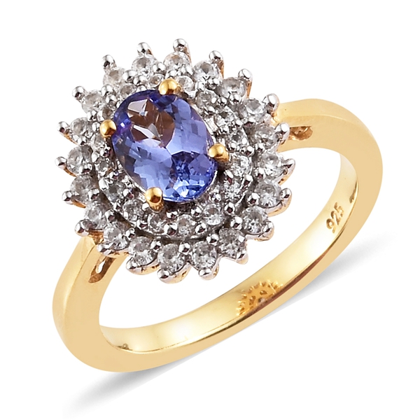 1.25 Ct Tanzanite and Zircon Halo Ring in Gold Plated Silver