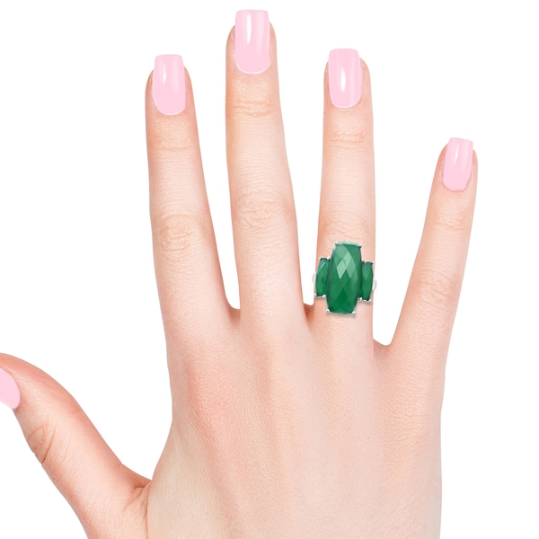 Verde Onyx (Cush 26x12 MM 13.50 Ct) 3 Stone Ring in Platinum Overlay Sterling Silver 17.750 Ct. Silver wt 5.24 Gms.