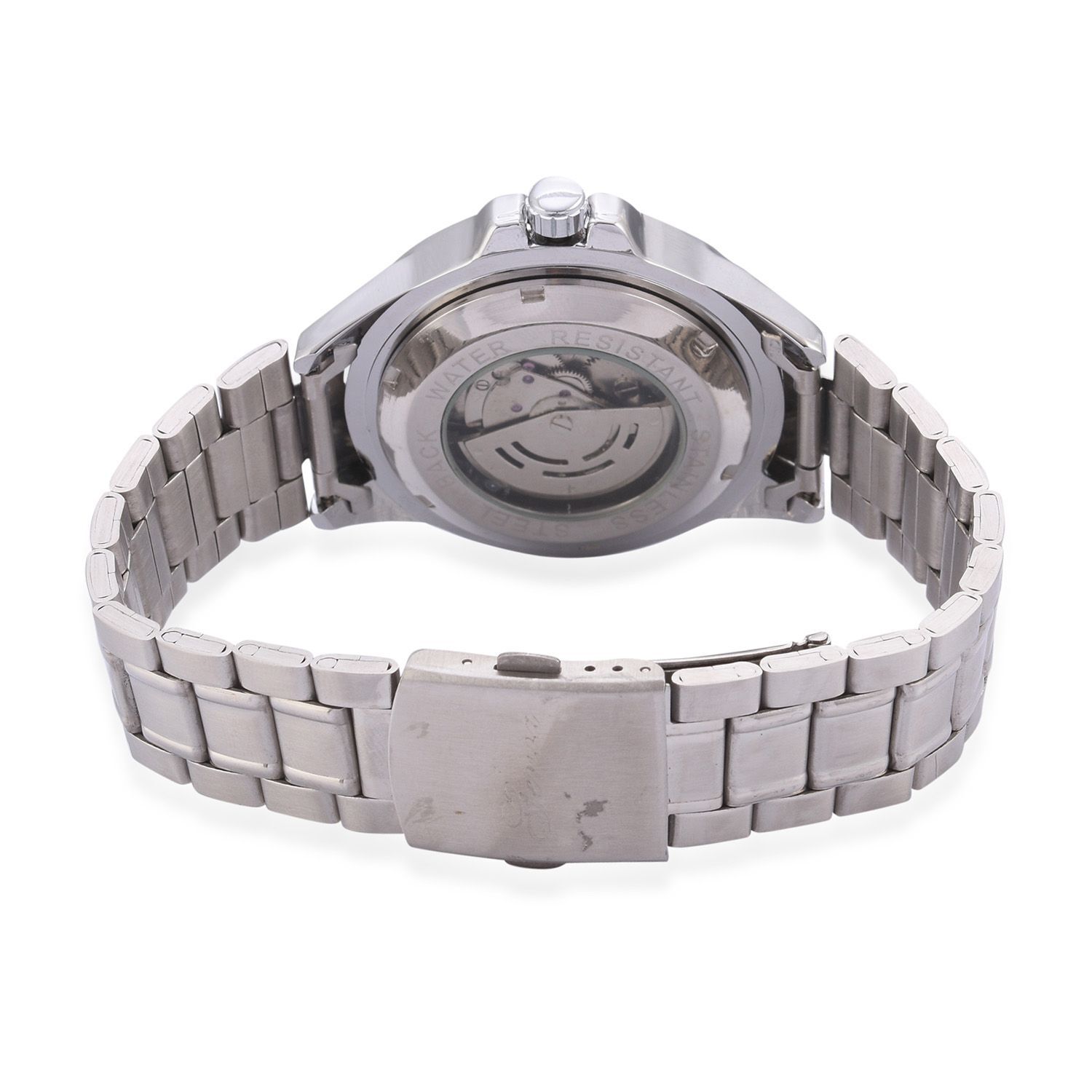 GENOA Automatic Skeleton Black Dial Water Resistant Watch in ION Plated Silver with Stainless Steel Back and Chain Strap