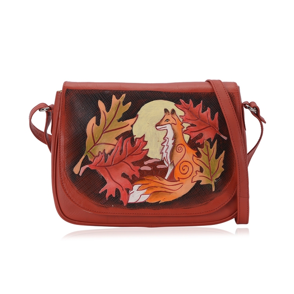 100% Genuine Leather RFID Protected Hand Painted Fox at Jungle Crossbody Bag (Size 28.5x20.5x6 Cm) w