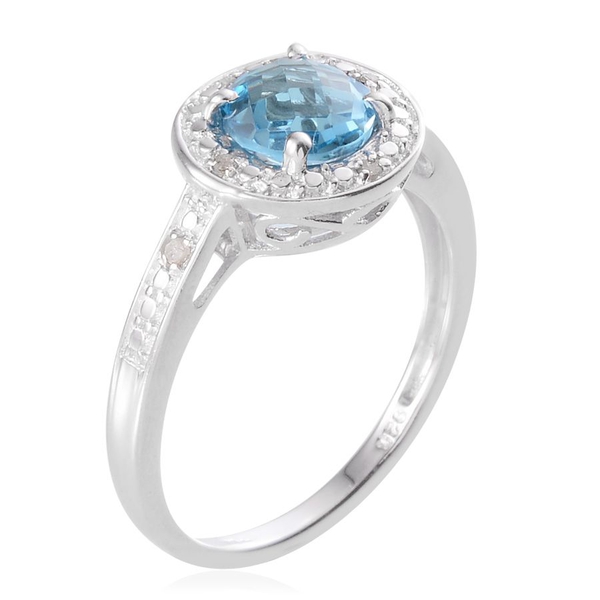 Electric Swiss Blue Topaz (Rnd 2.00 Ct), Diamond Ring in Platinum Overlay Sterling Silver 2.050 Ct.