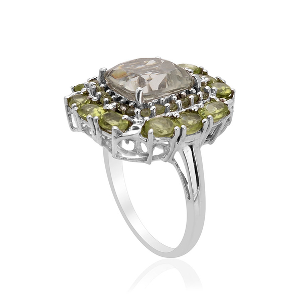 Green Amethyst (Cush 3.50 Ct), Hebei Peridot Ring in Platinum Overlay Sterling Silver 6.000 Ct.