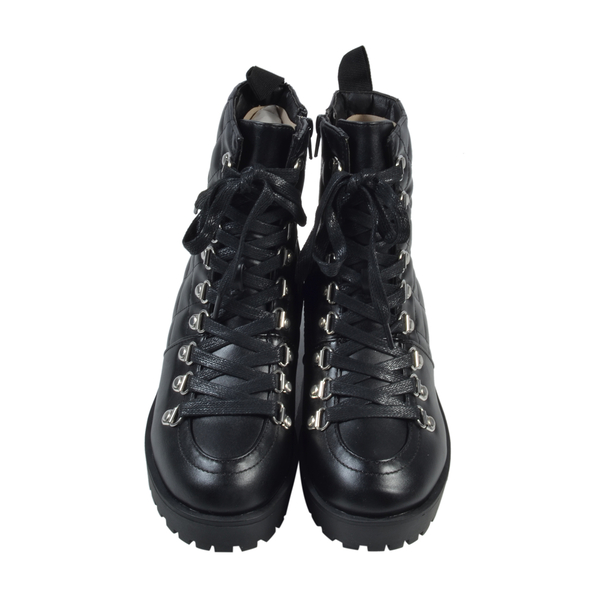 Black Ladies Lace-Up Quilted Ankle Boots (Size 3)