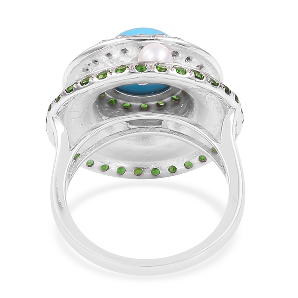 Arizona Sleeping Beauty Turquoise (Rnd), Freshwater Pearl, White Topaz and Hebei Peridot Ring in Rhodium Plated Sterling Silver 7.910 Ct. Silver wt 6.50 Gms.