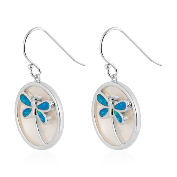 New Concept - Simulated Blue Opal and Mother of Pearl Dragonfly Earrings (with Hook) in Sterling Silver.