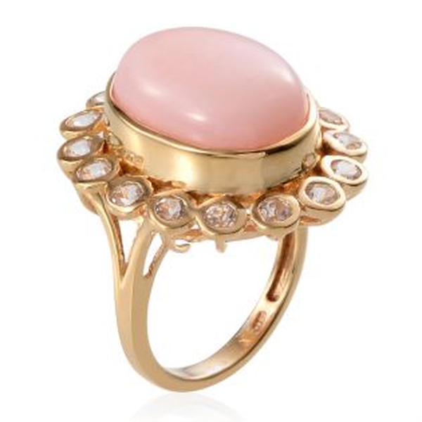 Peruvian Pink Opal (Ovl 10.50 Ct), White Topaz Ring in 14K Gold Overlay Sterling Silver 12.750 Ct.
