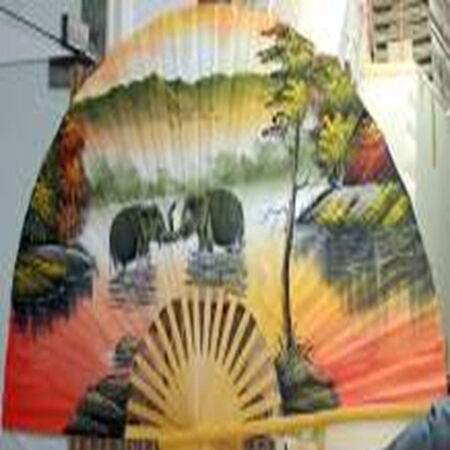 Thai Elephant Print Decorative Wall Art Fan with Bamboo Stick