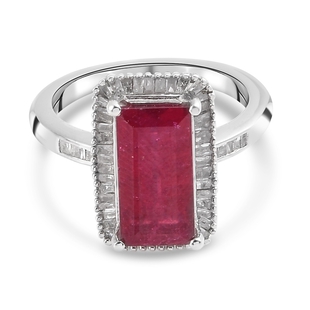 African Ruby (FF) and Diamond Ring in Platinum Overlay Sterling Silver 4.218 Ct.