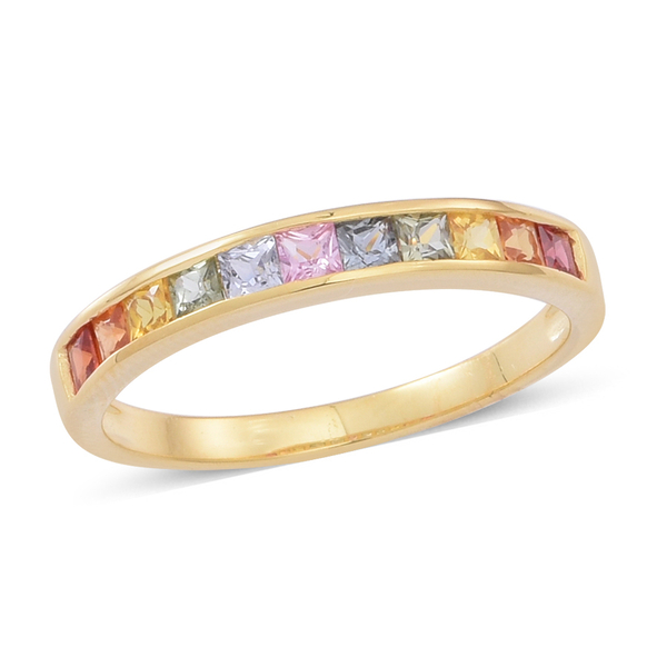 Rainbow Sapphire (Sqr) Half Eternity Band Ring in Yellow Gold Overlay Sterling Silver 1.250 Ct.