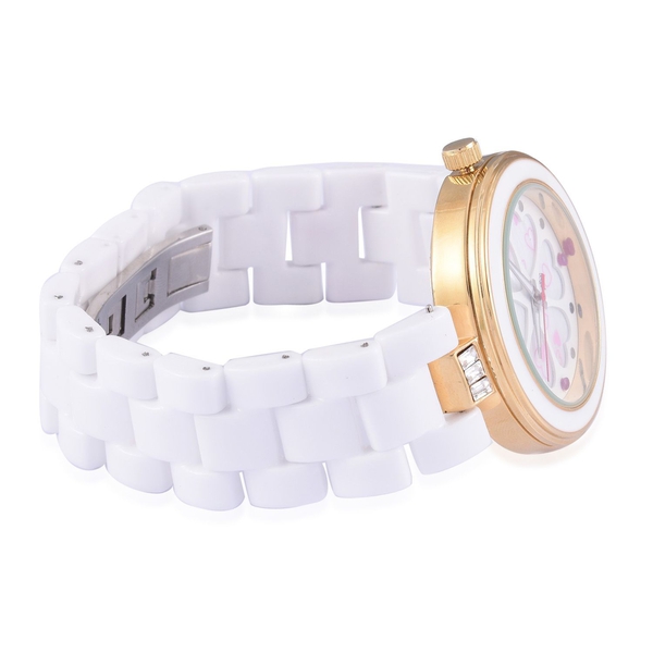 Ruby studded GENOA White Ceramic Japenese Movement White MOP Floral Dial Water Resistant Watch in Gold Tone with Stainless Steel Back with White Austrian Crystal