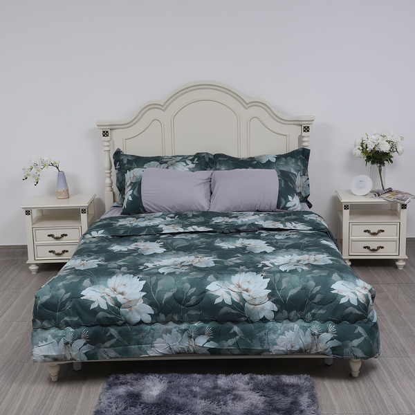 6 Piece Set - Floral Pattern Comforter (220x225cm), Fitted Sheet (150x200+30cm), 2 Pillow Case and 2 Envelope Pillow Case - Grey