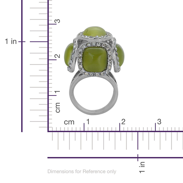 Simulated Green Cats Eye and White Austrian Crystal Ring in Stainless Steel