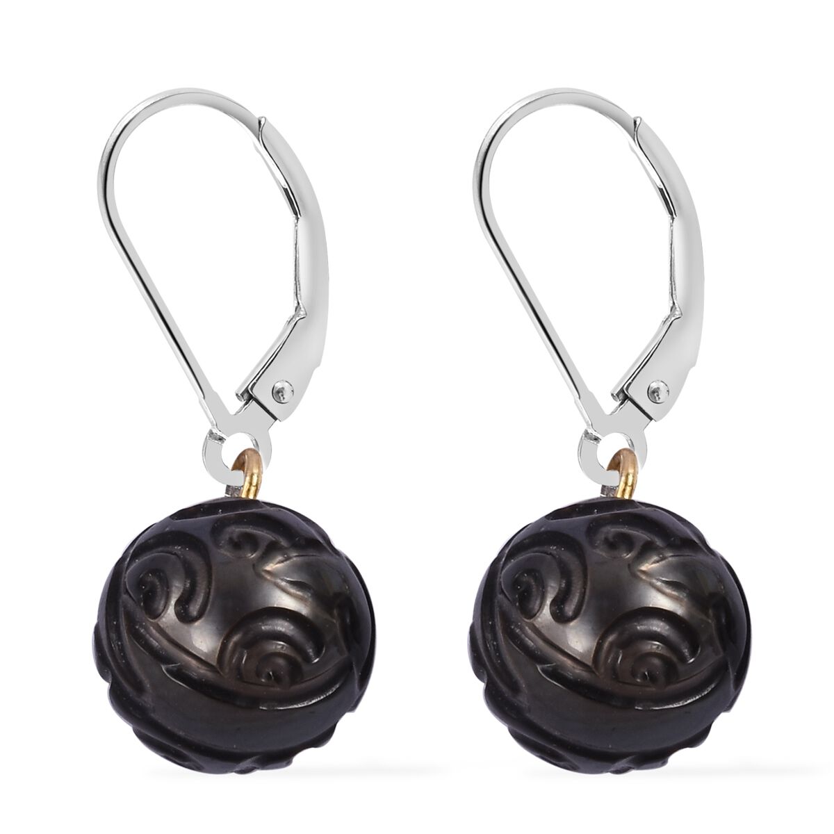 Hand Carved Tahitian Pearl (Rnd 10-11mm) Lever Back Earrings in Two Tone Sterling Silver