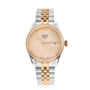 EON 1962 Swiss Movement 5ATM Water Resistant Watch with White Moissanite Embellishments, Yellow Mother of Pearl Dial and Dual Tone Stainless Steel Strap