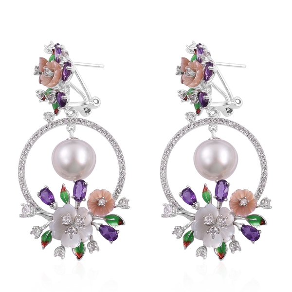 JARDIN COLLECTION - White South Sea Pearl (11mm) and Multi Gemstones Earrings (with French Clip) Rhodium with Enameled Overlay Sterling Silver, Silver wt. 11.00 Gms
