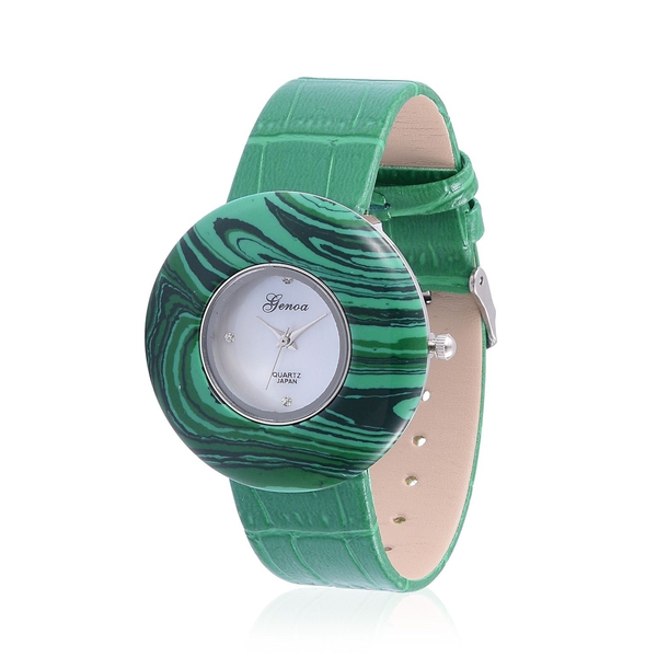 GENOA Japanese Movement Simulated Malachite, White Austrian Crystal Studded Water Resistant Watch wi