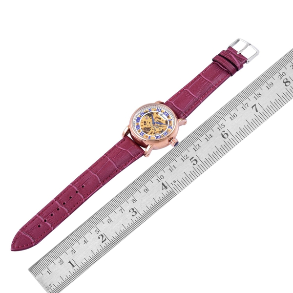 GENOA Automatic Skeleton Water Resistant Watch in Rose Gold Tone with Glass Back and Purple Colour Leather Strap