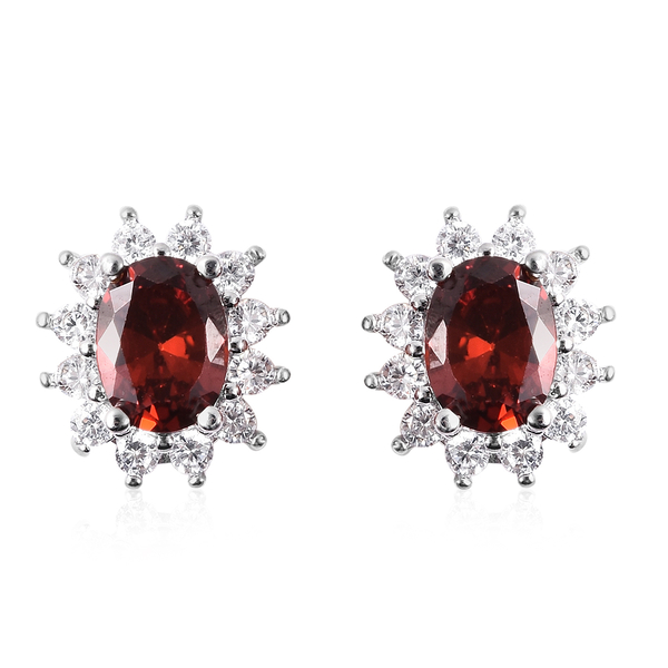 3 Piece Set - Mozambique Red Garnet and Simulated Diamond Sunburst Theme Ring, Stud Earrings (with Push Back) and Pendant with Chain (Size 20 with 2 inch Extender) in Silver Tone
