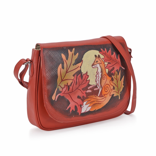 100% Genuine Leather RFID Protected Hand Painted Fox at Jungle Crossbody Bag (Size 28.5x20.5x6 Cm) with External Zipper Pocket - Orange Colour