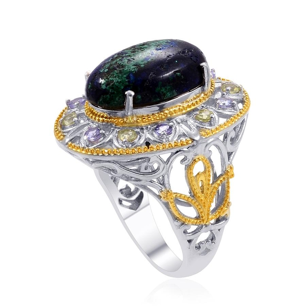 Designer Collection Azurite (Ovl 9.26 Ct), Hebei Peridot and Tanzanite Ring in 14K YG and Platinum Overlay Sterling Silver 10.260 Ct.