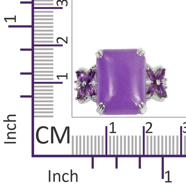 Purple Jade (Oct 13.25 Ct), Amethyst and Natural White Cambodian Zircon Ring in Rhodium Plated Sterling Silver 13.955 Ct.
