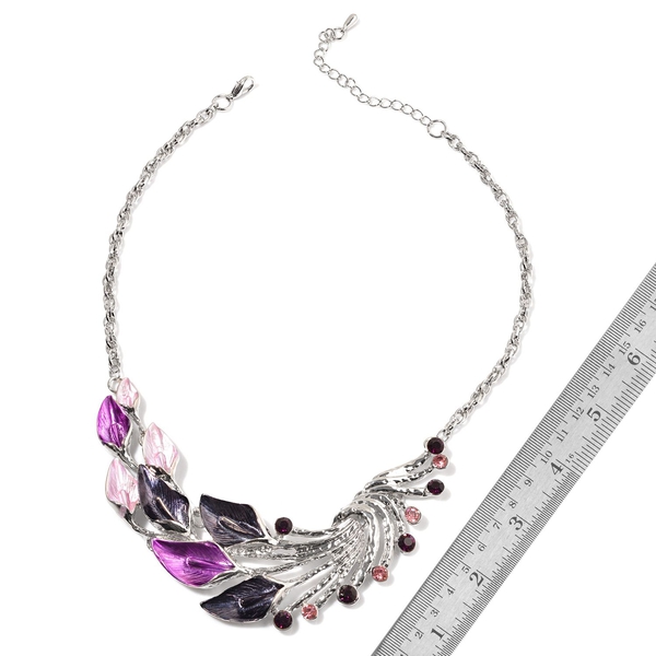 Pink and Purple Austrian Crystal Enameled Necklace (Size 18) and Earrings in Silver Tone