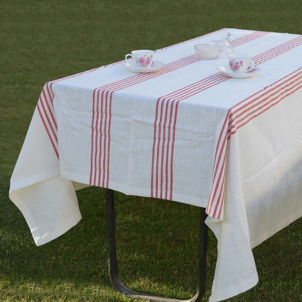 100% Cotton Rust Red Colour Stripe Pattern White Colour Table Cover (Size 235x150 Cm)