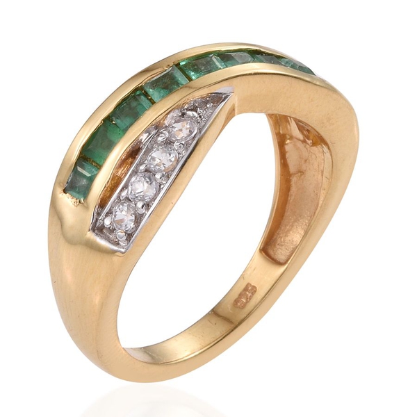 Kagem Zambian Emerald (Sqr), Natural Cambodian Zircon Criss Cross Ring in 14K Gold Overlay Sterling Silver 1.250 Ct.