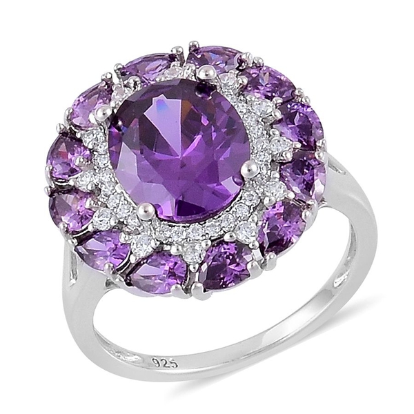 AAA Simulated Amethyst and Simulated White Diamond Ring in Rhodium Plated Sterling Silver