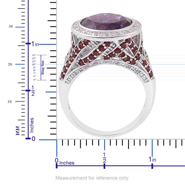 Amethyst (Rnd 6.25 Ct), Mozambique Garnet and White Zircon Ring in Rhodium Plated Sterling Silver 7.750 Ct.