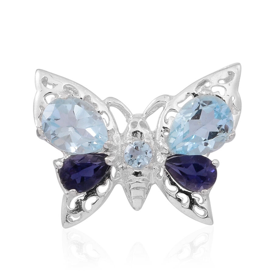 Sky Blue Topaz (Pear), Iolite Butterfly Pendant in Sterling Silver 4.39 Ct.