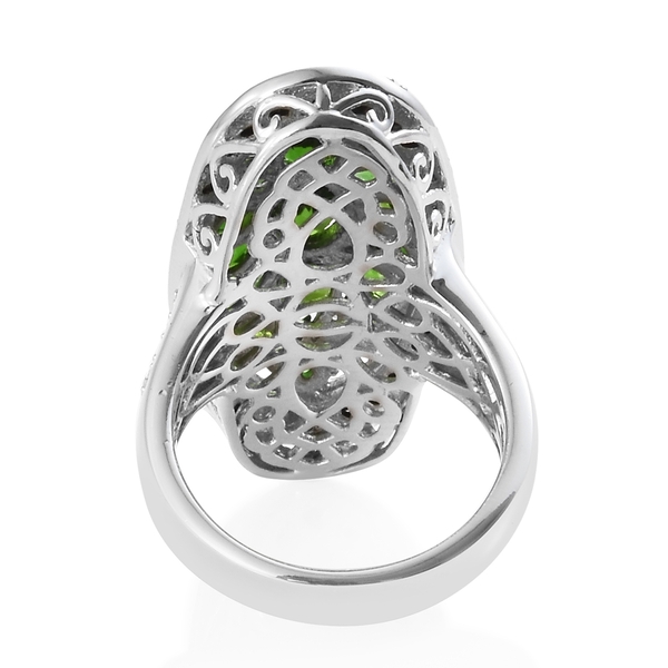 Chrome Diopside (Ovl),Boi Ploi Black Spinel, Natural Cambodian Zircon Pond Ring in Platinum Overlay Sterling Silver 5.250 Ct., Silver wt 7.00 Gms.