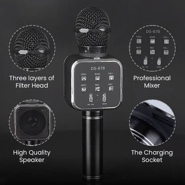 Multi Function - Rechargable Wireless Handheld Karaoke Bluetooth Microphone - Black
