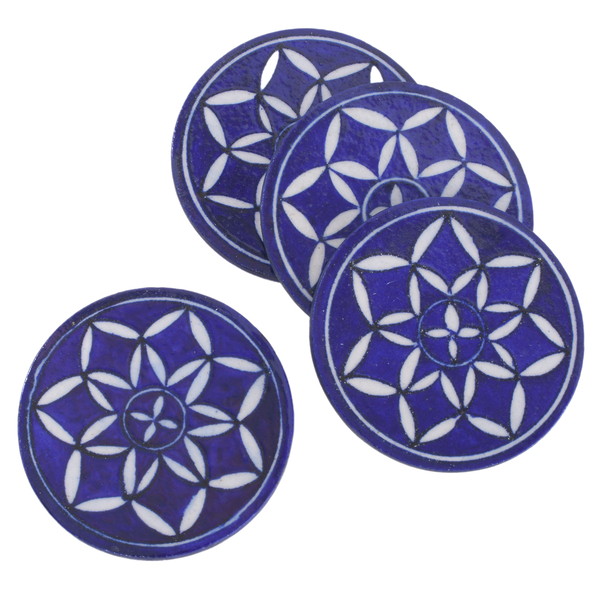 Set of 4 Handprinted Ceramic Coasters - Blue & White