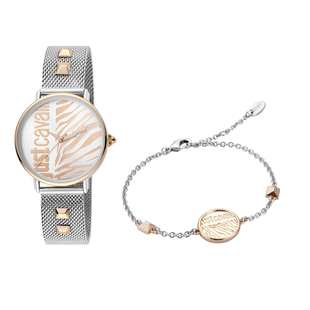 Just Cavalli Animalier Japanese Movement Ladies Watch with Bracelet (Size 7 with 1 inch Extender) in Silver and Rose Gold Tone