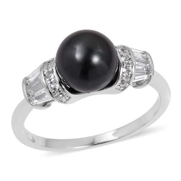 9mm Round Tahitian Black Pearl and White Topaz Ring in Sterling Silver