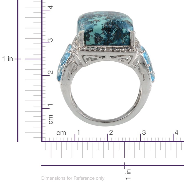 Table Mountain Shadowkite (Cush 16.75 Ct), Electric Swiss Blue Topaz and Diamond Ring in Platinum Overlay Sterling Silver 18.750 Ct.