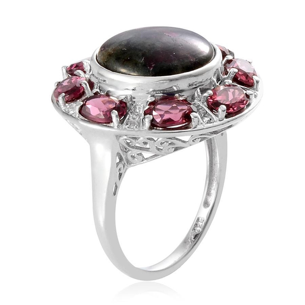 Natural  Eudialyte (Rnd 6.75 Ct), Rhodolite Garnet and White Topaz Ring in Platinum Overlay Sterling Silver 11.250 Ct.