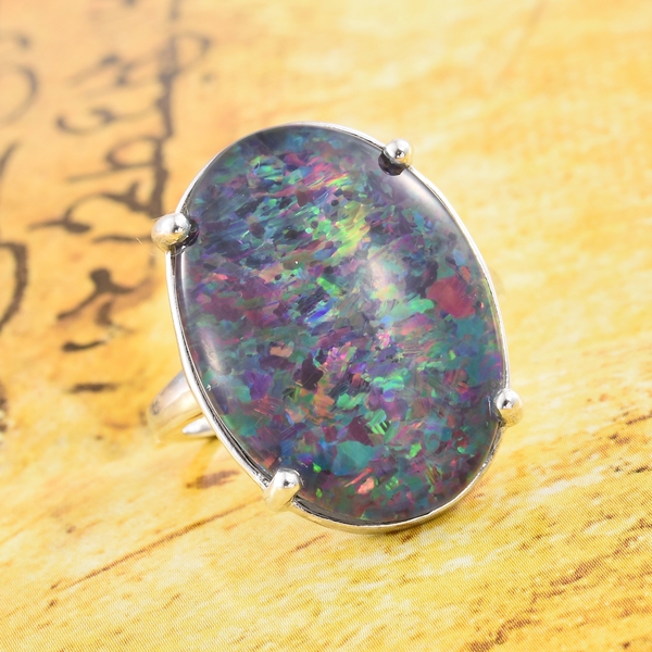 Exclusive Edition- Rare Size AAA Australian Boulder Opal (Ovl 25x18 mm) Ring in Platinum Overlay Sterling Silver 15.250 Ct.