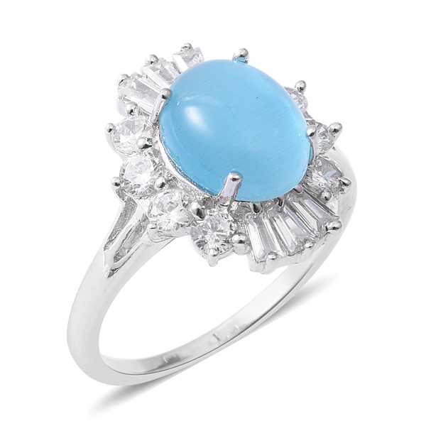 ELANZA Simulated Blue Opal (Ovl), Simulated Diamond Ring in Rhodium Overlay Sterling Silver