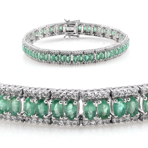 Kagem Zambian Emerald (Ovl), White Topaz Bracelet in Platinum Overlay Sterling Silver (Size 7.5) 15.