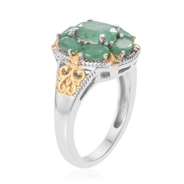 Kagem Zambian Emerald (Ovl 1.00 Ct) 7 Stone Floral Ring in Platinum and Yellow Gold Overlay Sterling Silver 2.250 Ct.