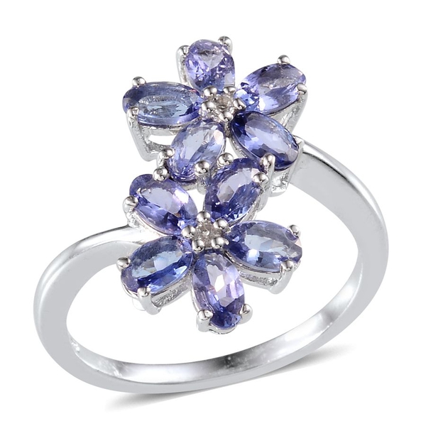 Tanzanite (Ovl), White Topaz Twin Floral Ring in Platinum Overlay Sterling Silver 2.100 Ct.
